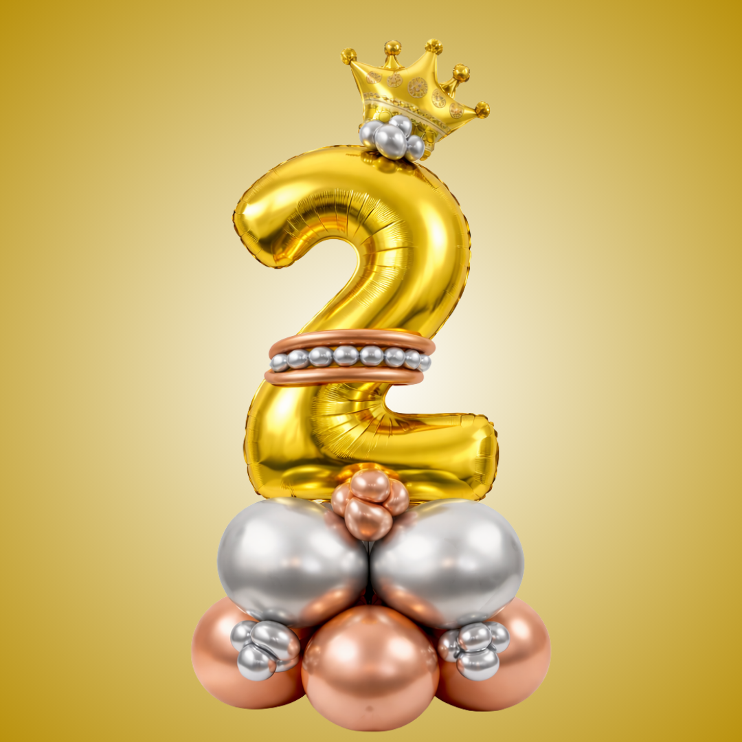 Royal 2nd Birthday Large Golden Air Filled Balloon Bouquet Arrangement with Rose Gold & Silver Balloons