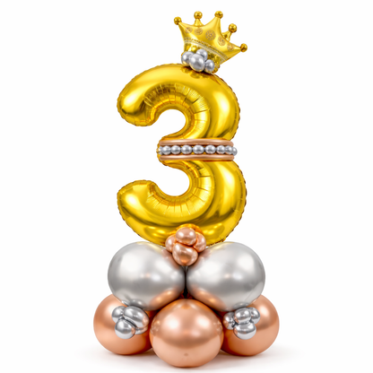 Royal 3rd Birthday Large Golden Air Filled Balloon Bouquet Arrangement with Rose Gold & Silver Balloons