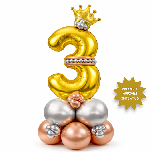 Royal 3rd Birthday Large Golden Air Filled Balloon Bouquet Arrangement with Rose Gold & Silver Balloons