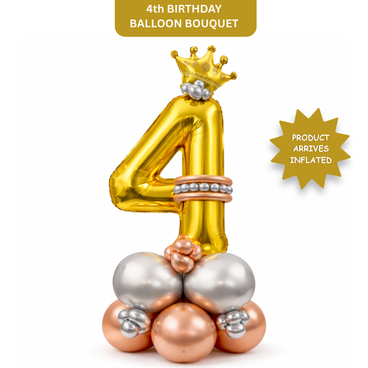 Royal 4th Birthday Large Golden Air Filled Balloon Bouquet Arrangement with Rose Gold & Silver Balloons