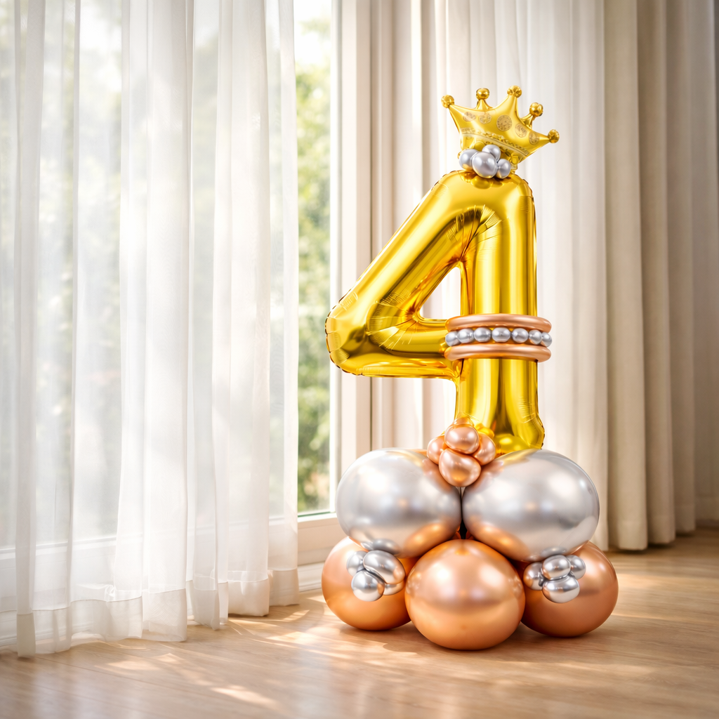 Royal 4th Birthday Large Golden Air Filled Balloon Bouquet Arrangement with Rose Gold & Silver Balloons