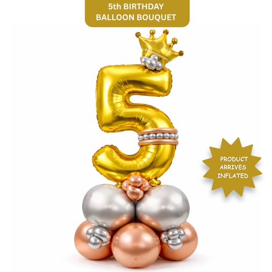 Royal 5th Birthday Large Golden Air Filled Balloon Bouquet Arrangement with Rose Gold & Silver Balloons