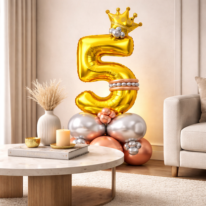 Royal 5th Birthday Large Golden Air Filled Balloon Bouquet Arrangement with Rose Gold & Silver Balloons