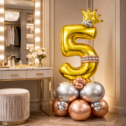 Royal 5th Birthday Large Golden Air Filled Balloon Bouquet Arrangement with Rose Gold & Silver Balloons