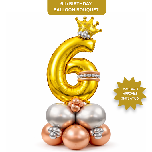 Royal 6th Birthday Large Golden Air Filled Balloon Bouquet Arrangement with Rose Gold & Silver Balloons