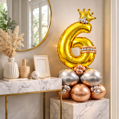 Royal 6th Birthday Large Golden Air Filled Balloon Bouquet Arrangement with Rose Gold & Silver Balloons