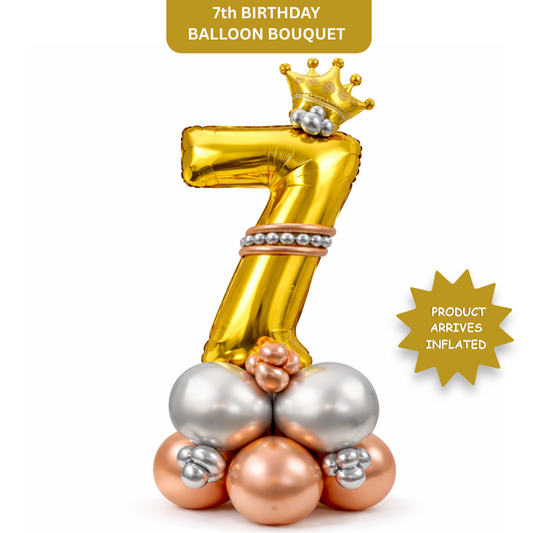 Royal 7th Birthday Large Golden Air Filled Balloon Bouquet Arrangement with Rose Gold & Silver Balloons
