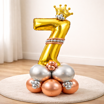 Royal 7th Birthday Large Golden Air Filled Balloon Bouquet Arrangement with Rose Gold & Silver Balloons