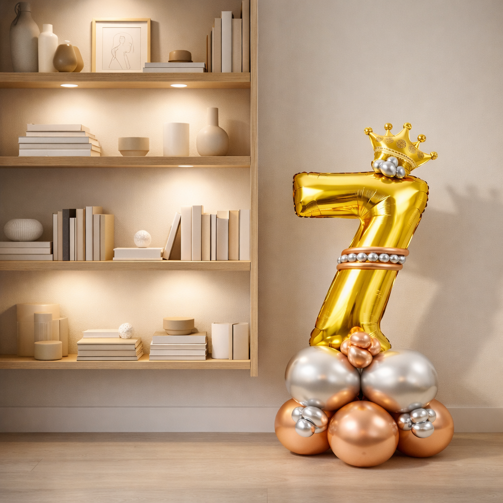 Royal 7th Birthday Large Golden Air Filled Balloon Bouquet Arrangement with Rose Gold & Silver Balloons