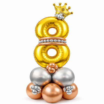 Royal 8th Birthday Large Golden Air Filled Balloon Bouquet Arrangement with Rose Gold & Silver Balloons