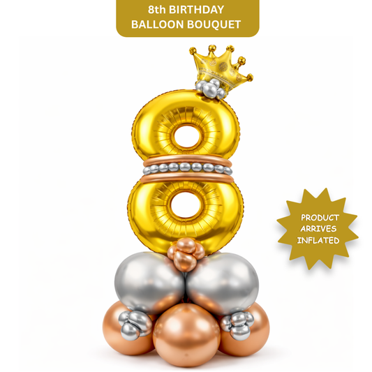 Royal 8th Birthday Large Golden Air Filled Balloon Bouquet Arrangement with Rose Gold & Silver Balloons