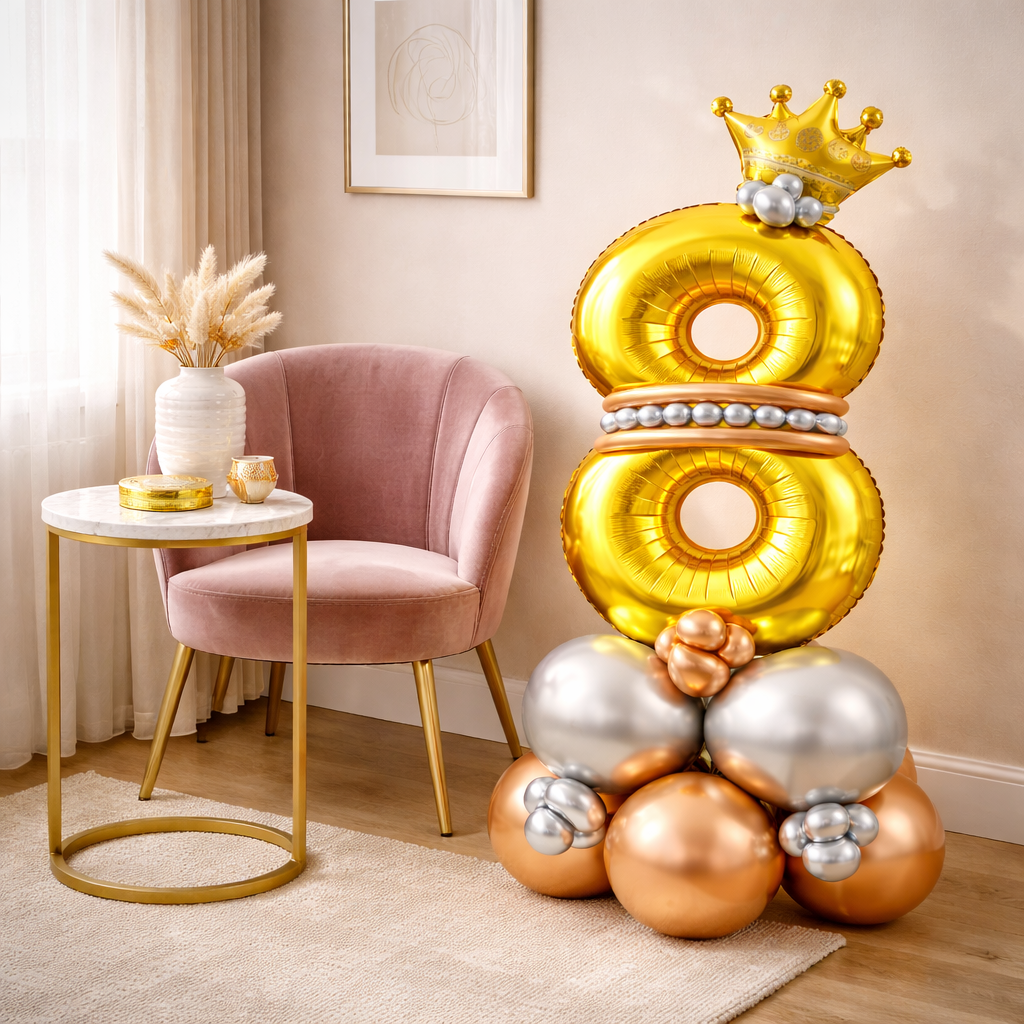 Royal 8th Birthday Large Golden Air Filled Balloon Bouquet Arrangement with Rose Gold & Silver Balloons