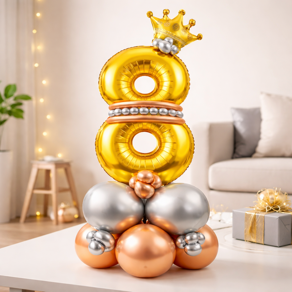 Royal 8th Birthday Large Golden Air Filled Balloon Bouquet Arrangement with Rose Gold & Silver Balloons