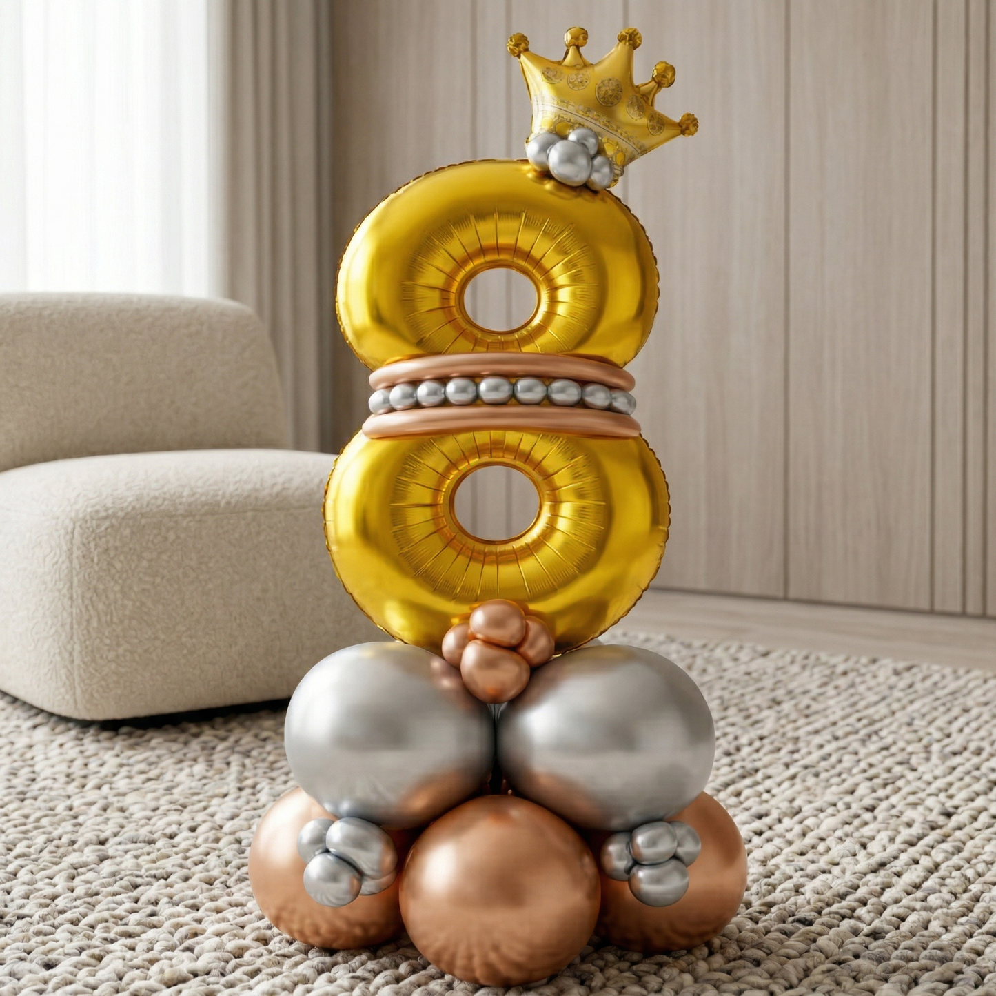 Royal 8th Birthday Large Golden Air Filled Balloon Bouquet Arrangement with Rose Gold & Silver Balloons