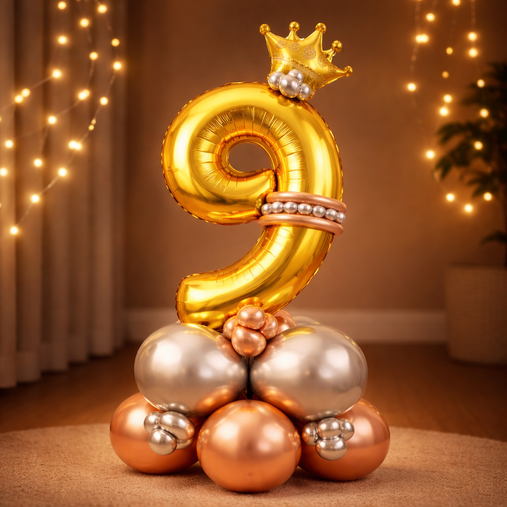 Royal 9th Birthday Large Golden Air Filled Balloon Bouquet Arrangement with Rose Gold & Silver Balloons