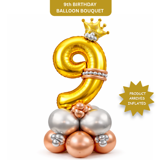 Royal 9th Birthday Large Golden Air Filled Balloon Bouquet Arrangement with Rose Gold & Silver Balloons