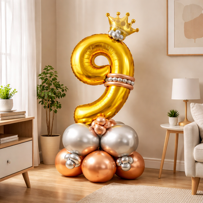 Royal 9th Birthday Large Golden Air Filled Balloon Bouquet Arrangement with Rose Gold & Silver Balloons
