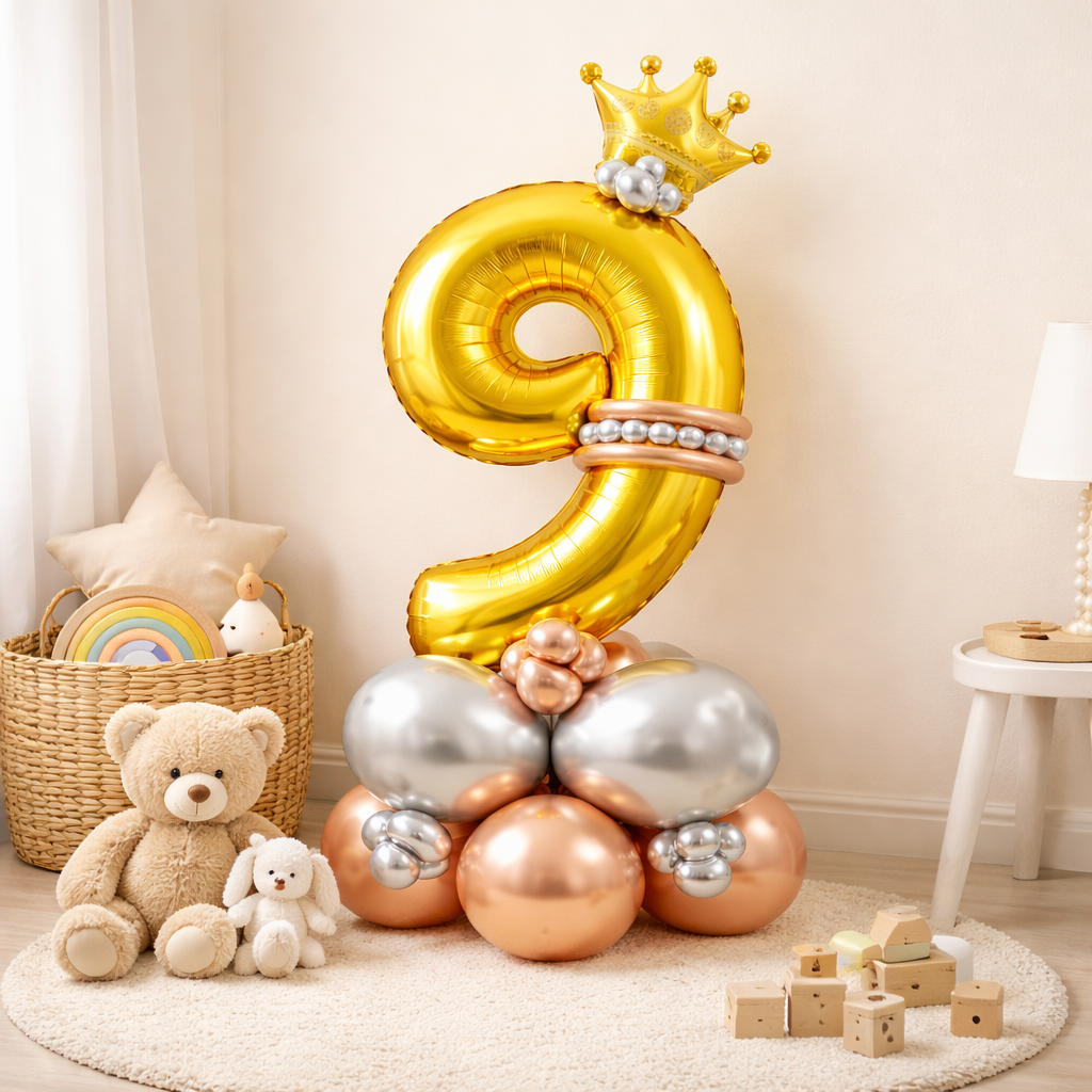Royal 9th Birthday Large Golden Air Filled Balloon Bouquet Arrangement with Rose Gold & Silver Balloons