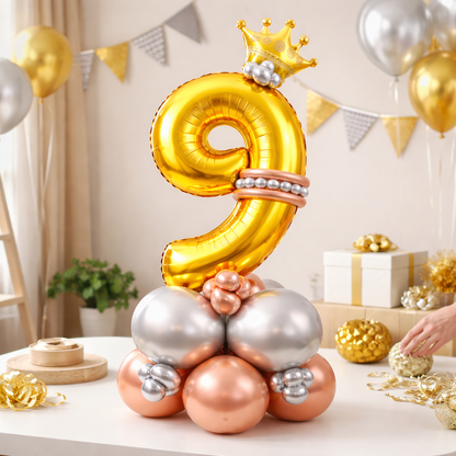 Royal 9th Birthday Large Golden Air Filled Balloon Bouquet Arrangement with Rose Gold & Silver Balloons