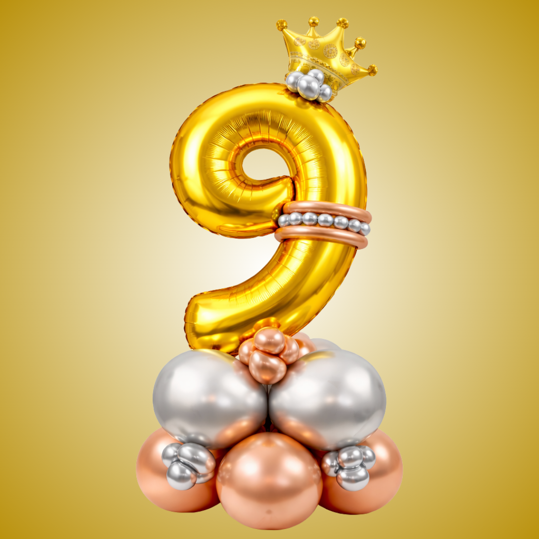 Royal 9th Birthday Large Golden Air Filled Balloon Bouquet Arrangement with Rose Gold & Silver Balloons