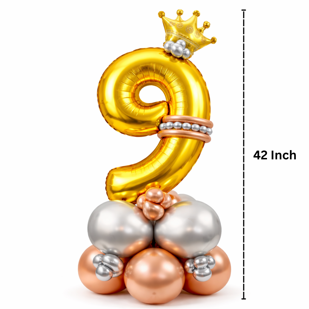 Royal 9th Birthday Large Golden Air Filled Balloon Bouquet Arrangement with Rose Gold & Silver Balloons