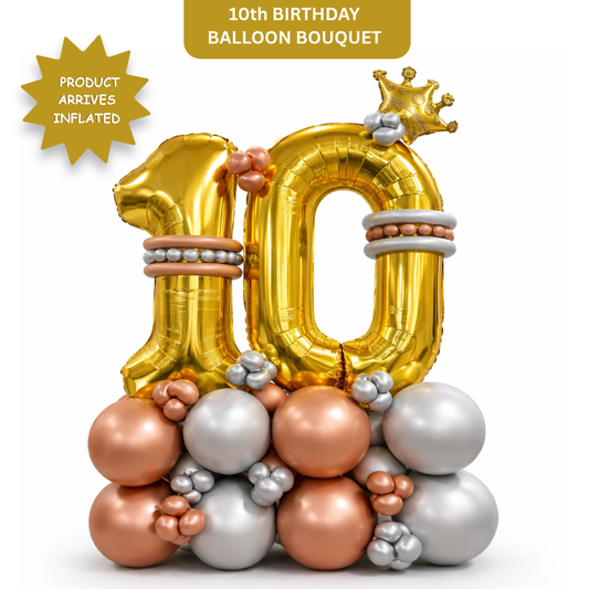 Signature 10th Birthday Large Golden Air Filled Balloon Bouquet Arrangement with Rose Gold & Silver Balloons