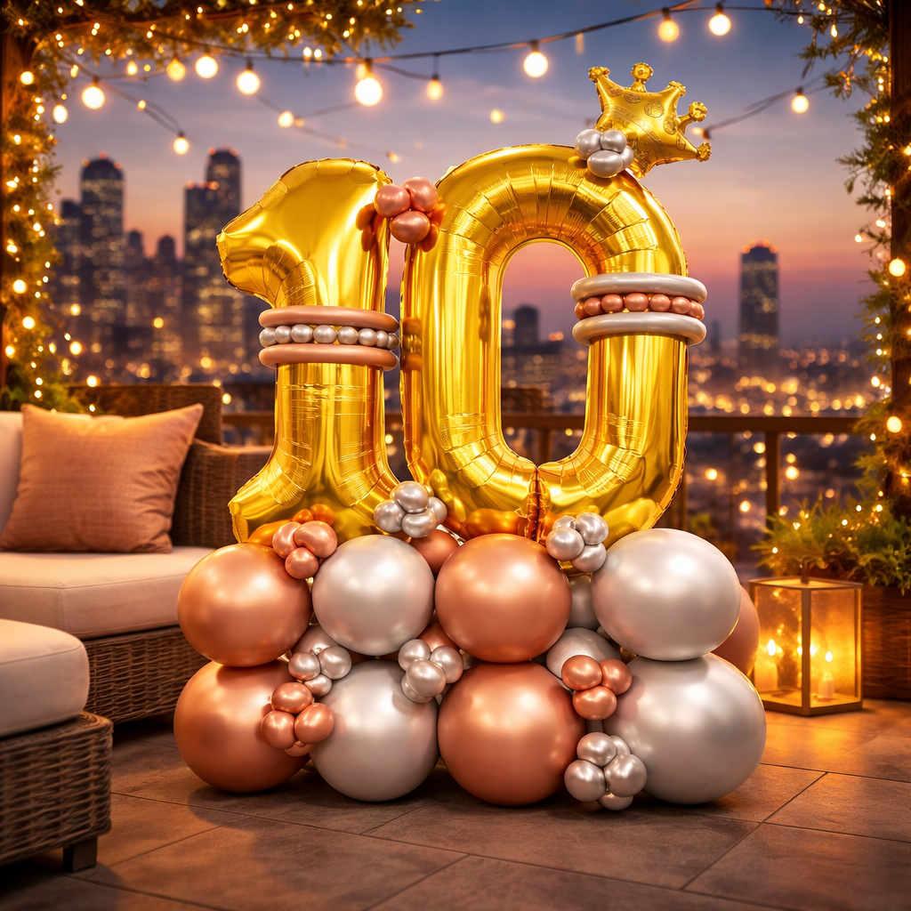 Signature 10th Birthday Large Golden Air Filled Balloon Bouquet Arrangement with Rose Gold & Silver Balloons