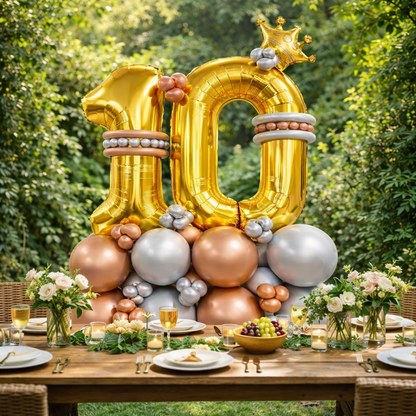 Signature 10th Birthday Large Golden Air Filled Balloon Bouquet Arrangement with Rose Gold & Silver Balloons