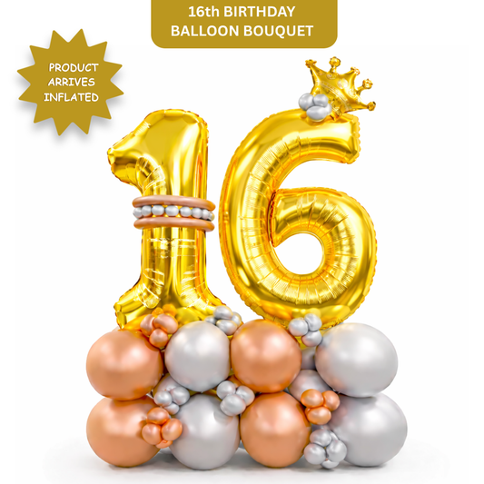 Signature 16th Birthday Large Golden Air Filled Balloon Bouquet Arrangement with Rose Gold & Silver Balloons