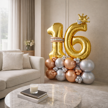 Signature 16th Birthday Large Golden Air Filled Balloon Bouquet Arrangement with Rose Gold & Silver Balloons