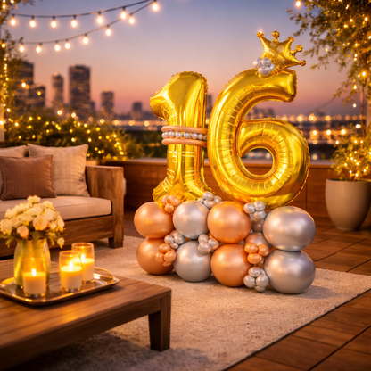 Signature 16th Birthday Large Golden Air Filled Balloon Bouquet Arrangement with Rose Gold & Silver Balloons