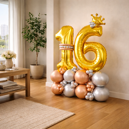 Signature 16th Birthday Large Golden Air Filled Balloon Bouquet Arrangement with Rose Gold & Silver Balloons