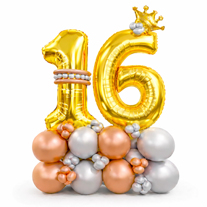 Signature 16th Birthday Large Golden Air Filled Balloon Bouquet Arrangement with Rose Gold & Silver Balloons