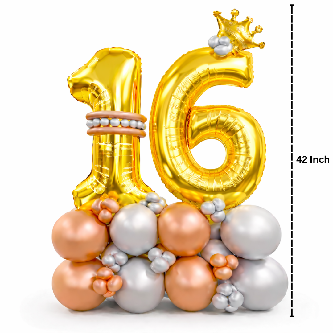 Signature 16th Birthday Large Golden Air Filled Balloon Bouquet Arrangement with Rose Gold & Silver Balloons