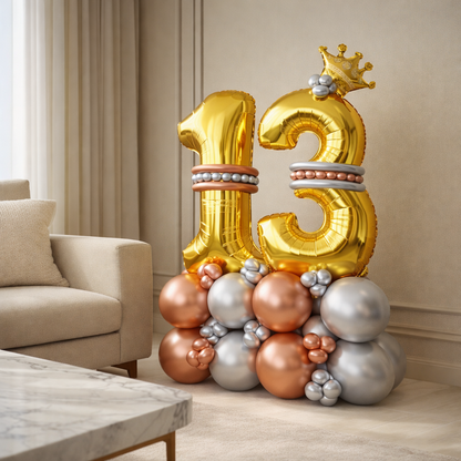 Signature 13th Birthday Large Golden Air Filled Balloon Bouquet Arrangement with Rose Gold & Silver Balloons