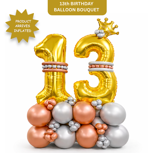 Signature 13th Birthday Large Golden Air Filled Balloon Bouquet Arrangement with Rose Gold & Silver Balloons