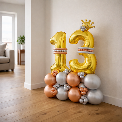 Signature 13th Birthday Large Golden Air Filled Balloon Bouquet Arrangement with Rose Gold & Silver Balloons