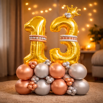 Signature 13th Birthday Large Golden Air Filled Balloon Bouquet Arrangement with Rose Gold & Silver Balloons