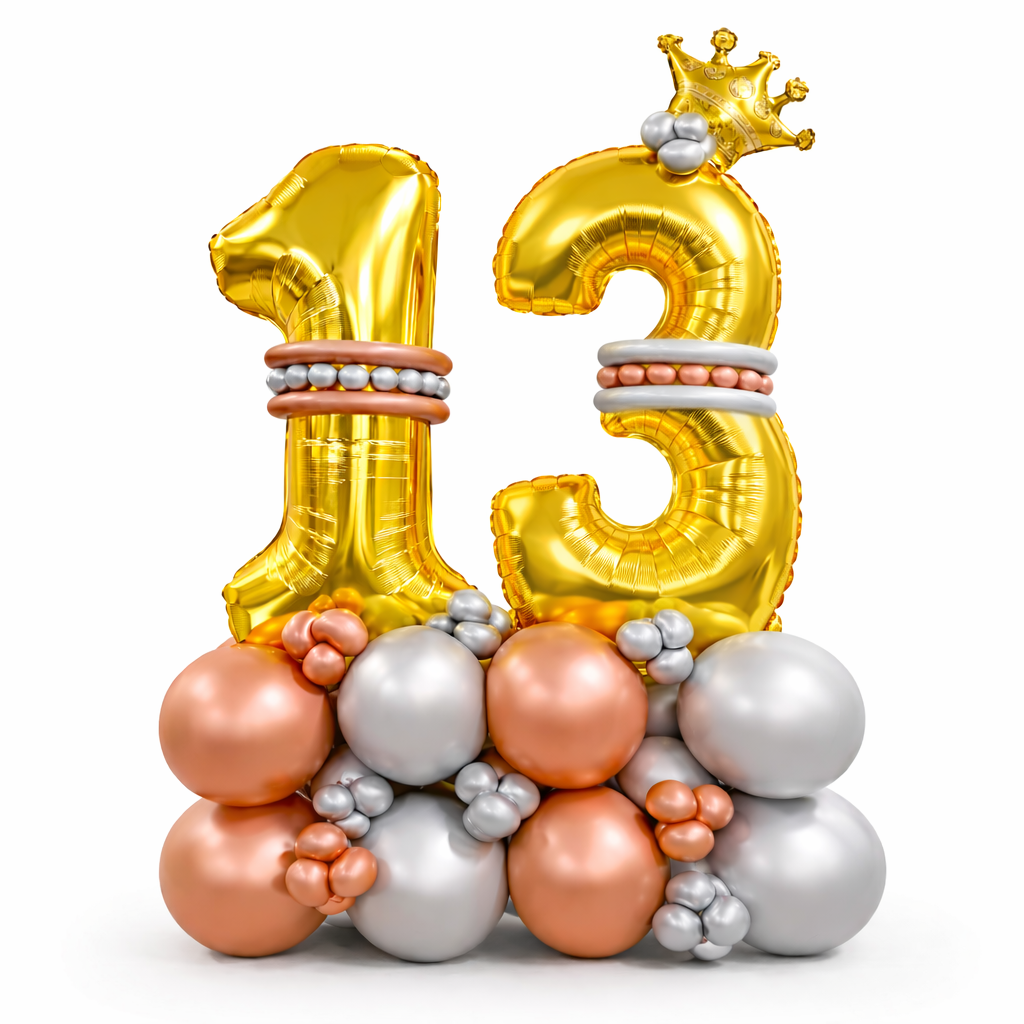 Signature 13th Birthday Large Golden Air Filled Balloon Bouquet Arrangement with Rose Gold & Silver Balloons