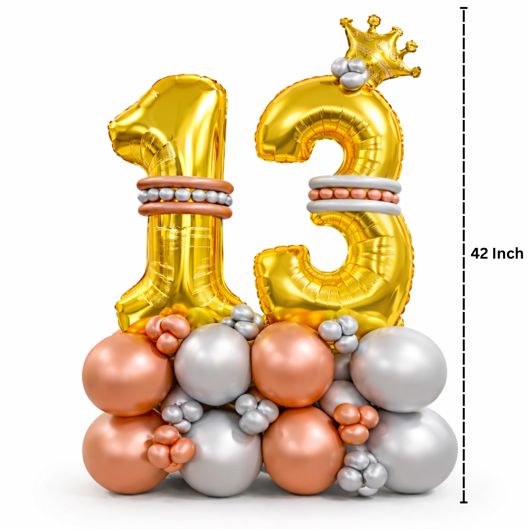Signature 13th Birthday Large Golden Air Filled Balloon Bouquet Arrangement with Rose Gold & Silver Balloons