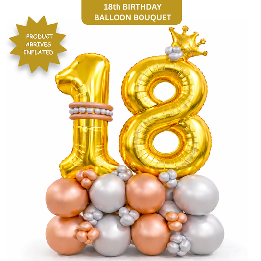 Signature 18th Birthday Large Golden Air Filled Balloon Bouquet Arrangement with Rose Gold & Silver Balloons