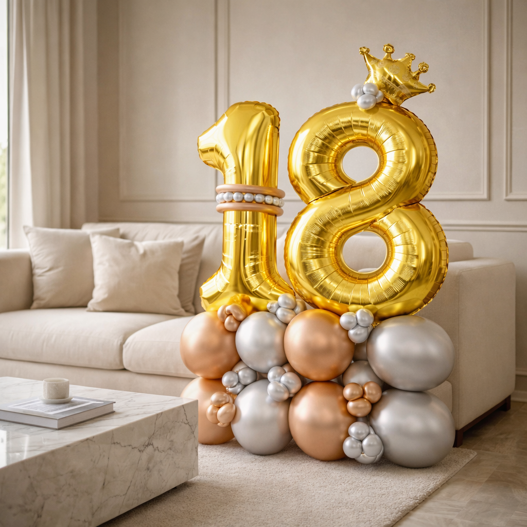 Signature 18th Birthday Large Golden Air Filled Balloon Bouquet Arrangement with Rose Gold & Silver Balloons