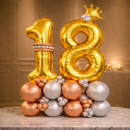 Signature 18th Birthday Large Golden Air Filled Balloon Bouquet Arrangement with Rose Gold & Silver Balloons