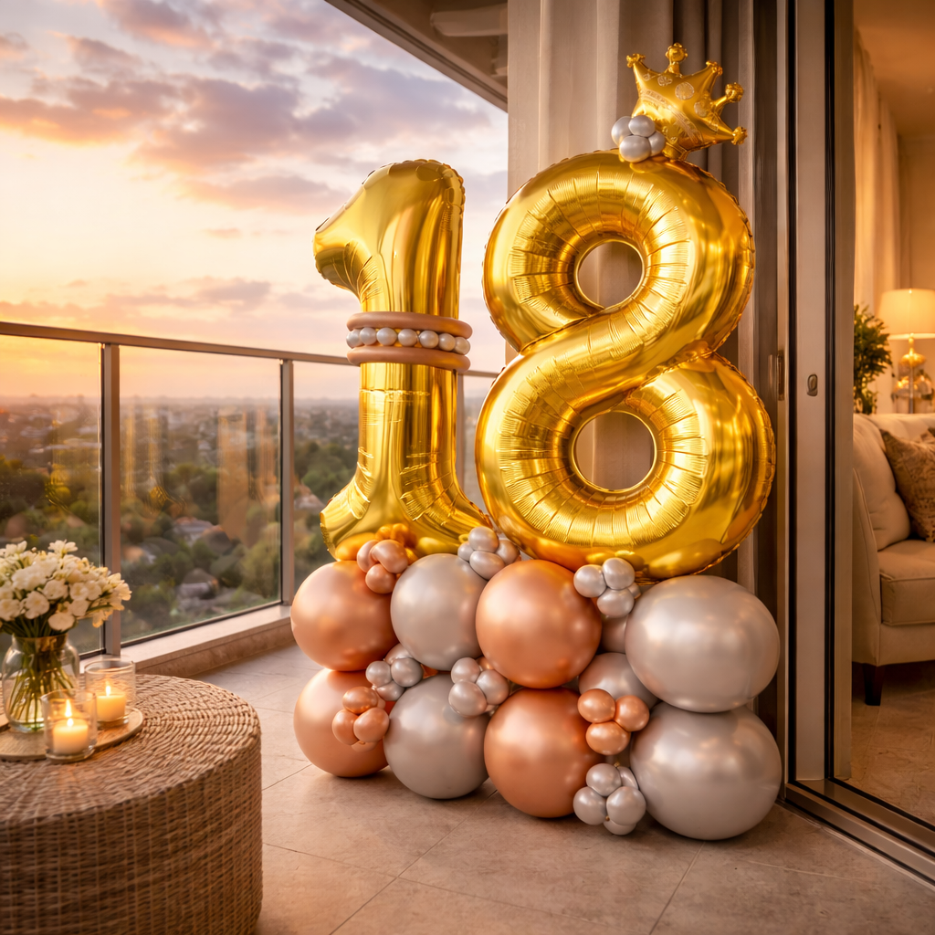 Signature 18th Birthday Large Golden Air Filled Balloon Bouquet Arrangement with Rose Gold & Silver Balloons