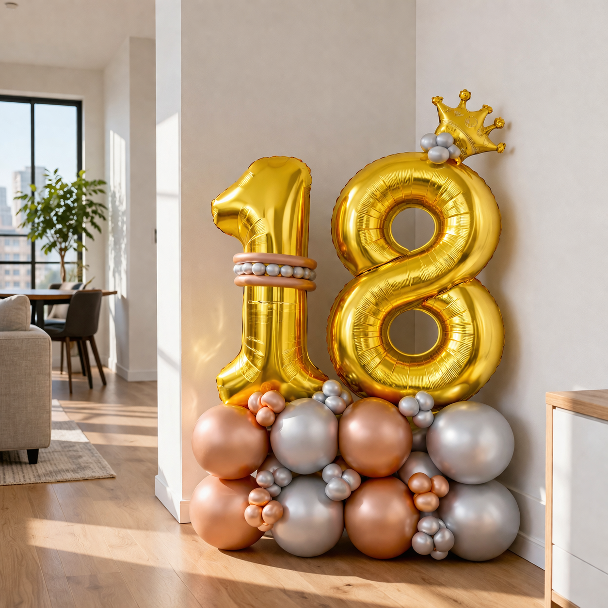 Signature 18th Birthday Large Golden Air Filled Balloon Bouquet Arrangement with Rose Gold & Silver Balloons
