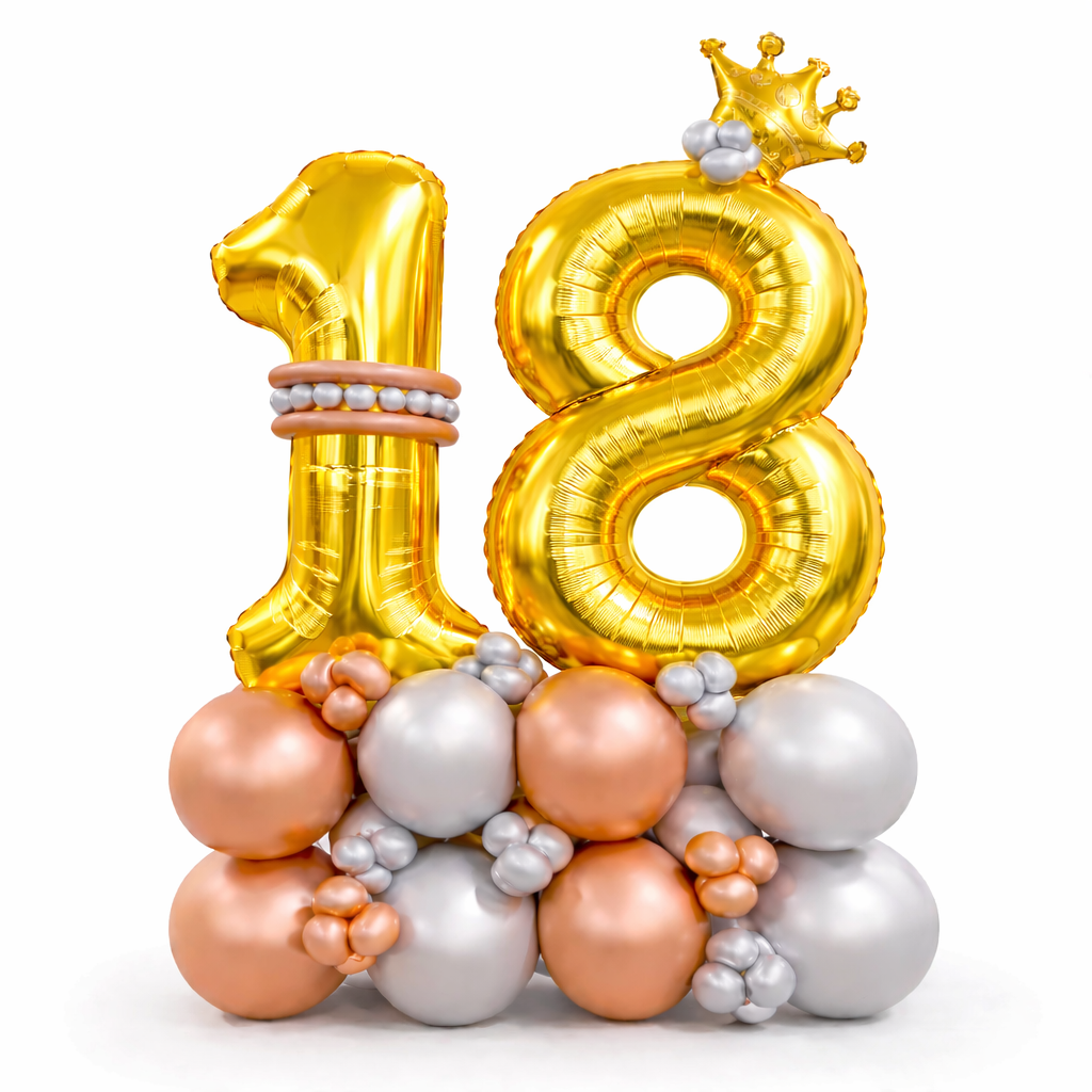 Signature 18th Birthday Large Golden Air Filled Balloon Bouquet Arrangement with Rose Gold & Silver Balloons