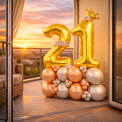 Signature 21st Birthday Large Golden Air Filled Balloon Bouquet Arrangement with Rose Gold & Silver Balloons
