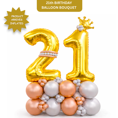 Signature 21st Birthday Large Golden Air Filled Balloon Bouquet Arrangement with Rose Gold & Silver Balloons