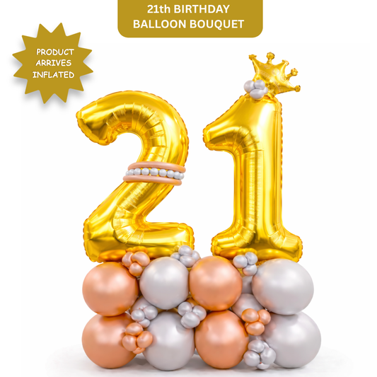 Signature 21st Birthday Large Golden Air Filled Balloon Bouquet Arrangement with Rose Gold & Silver Balloons