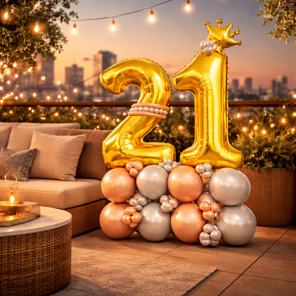 Signature 21st Birthday Large Golden Air Filled Balloon Bouquet Arrangement with Rose Gold & Silver Balloons